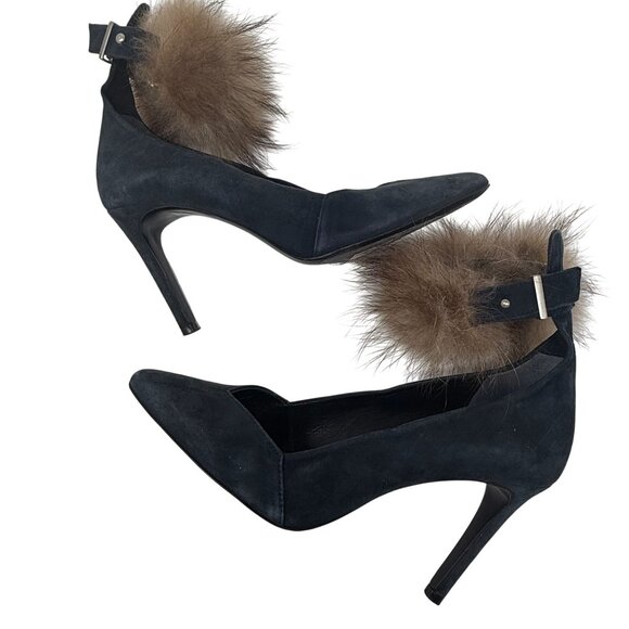 Maje Blue Suede Heels Detachable Brown Faux Fur Cuffs Pointed Toe 37 US 6.5 - Picture 1 of 12